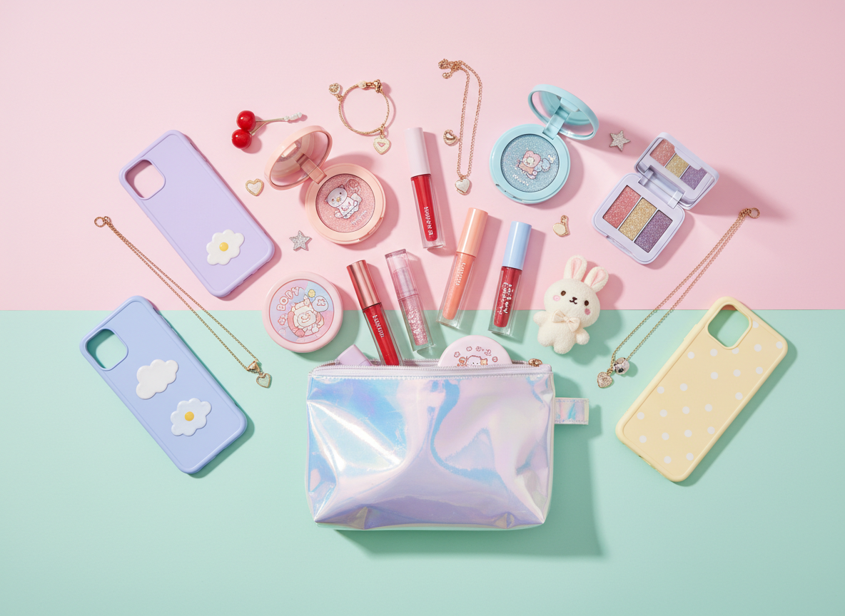 Curated Kaffu Shop flat-lay of Korean-style beauty and accessories